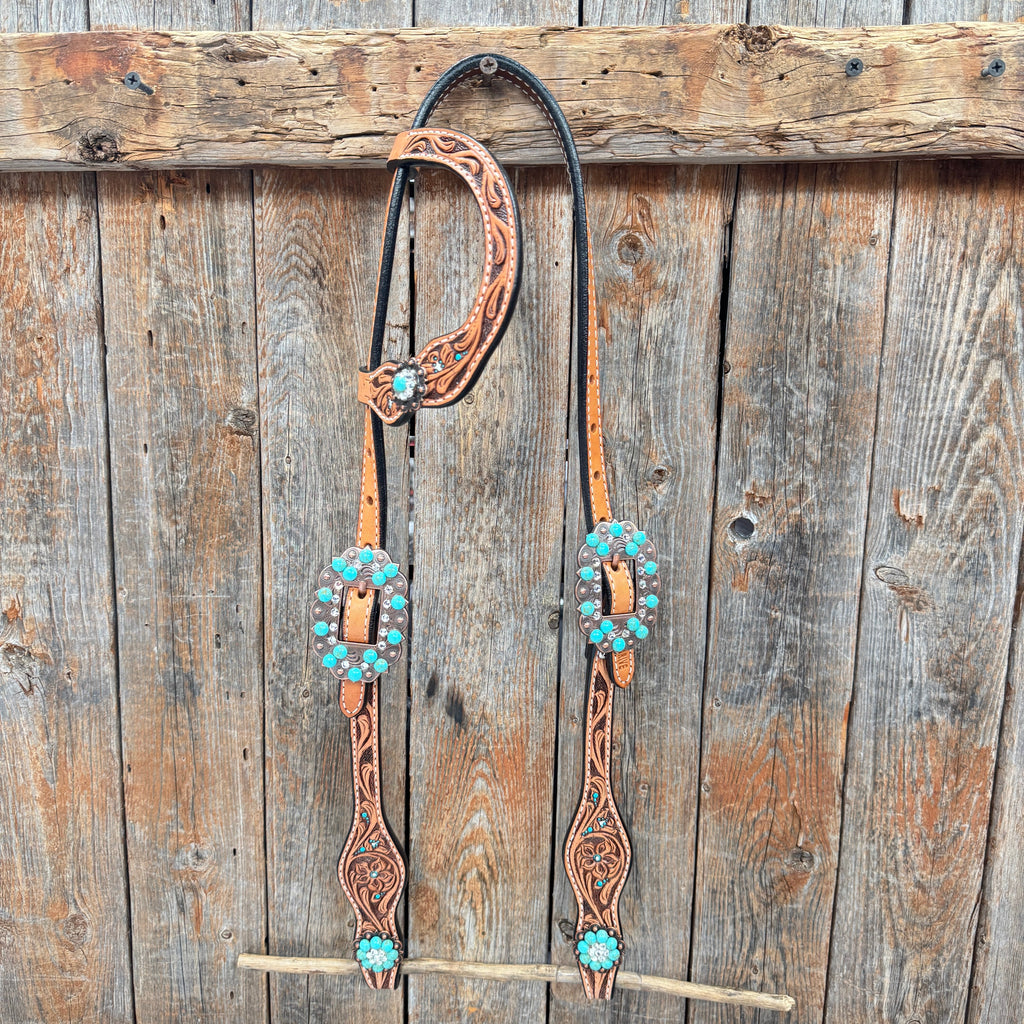 Floral Teal Dot Turquoise - Clear Browband/One Ear Headstall - Breastcollar Tack Set #BBBC669 — view 7