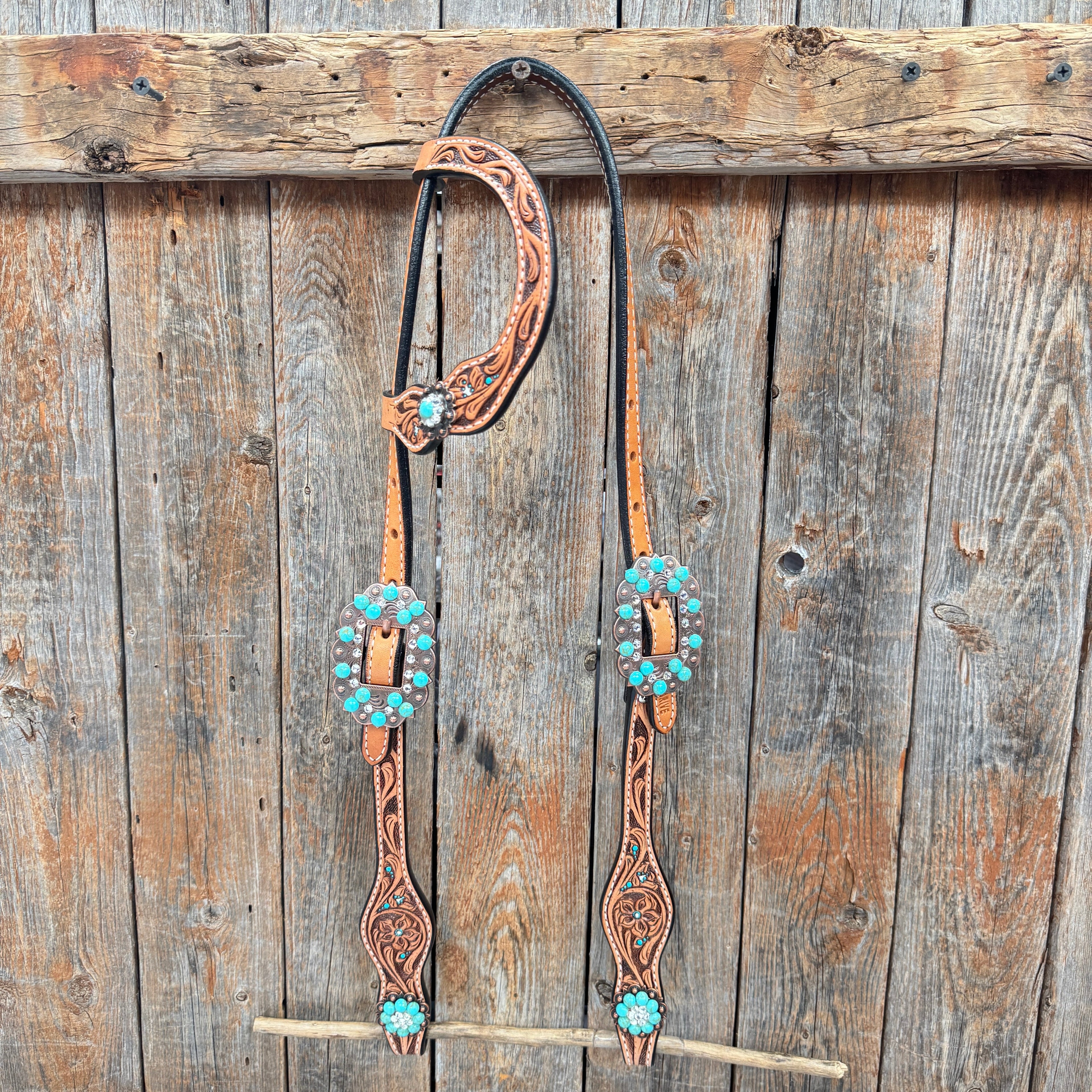 Floral Teal Dot Turquoise - Clear Browband/One Ear Headstall - Breastcollar Tack Set #BBBC669 — view 7