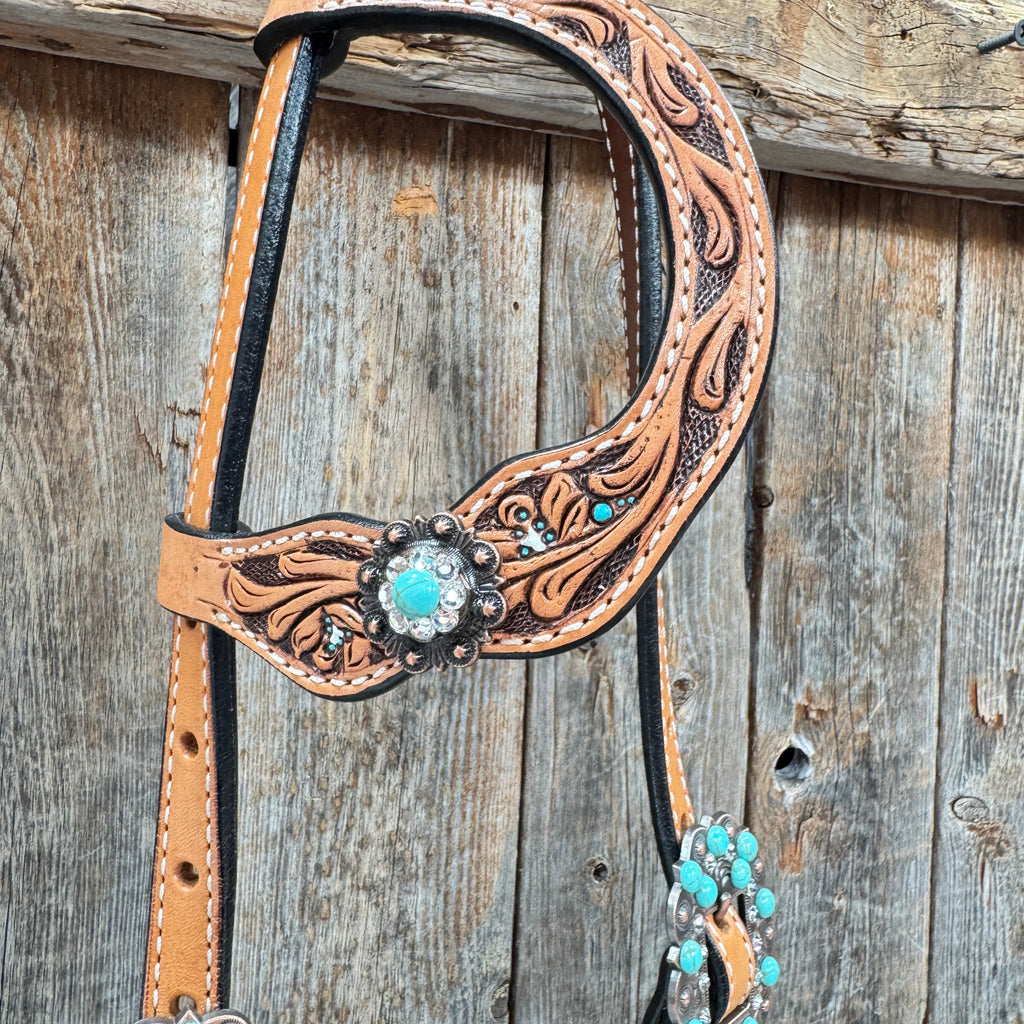 Floral Teal Dot Turquoise - Clear Browband/One Ear Headstall - Breastcollar Tack Set #BBBC669 — view 8