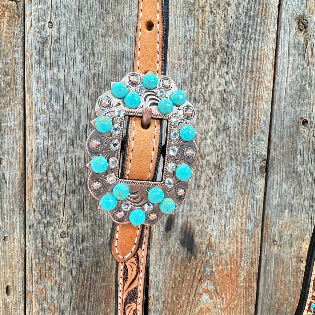 Floral Teal Dot Turquoise - Clear Browband/One Ear Headstall - Breastcollar Tack Set #BBBC669 — view 5