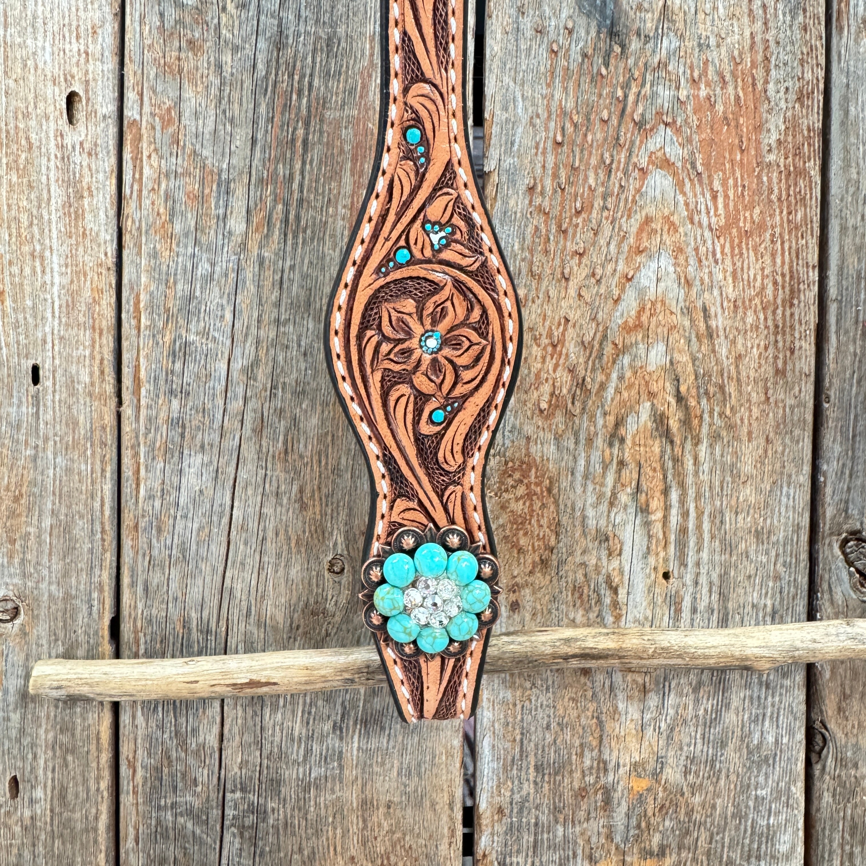 Floral Teal Dot Turquoise - Clear Browband/One Ear Headstall - Breastcollar Tack Set #BBBC669 — view 6