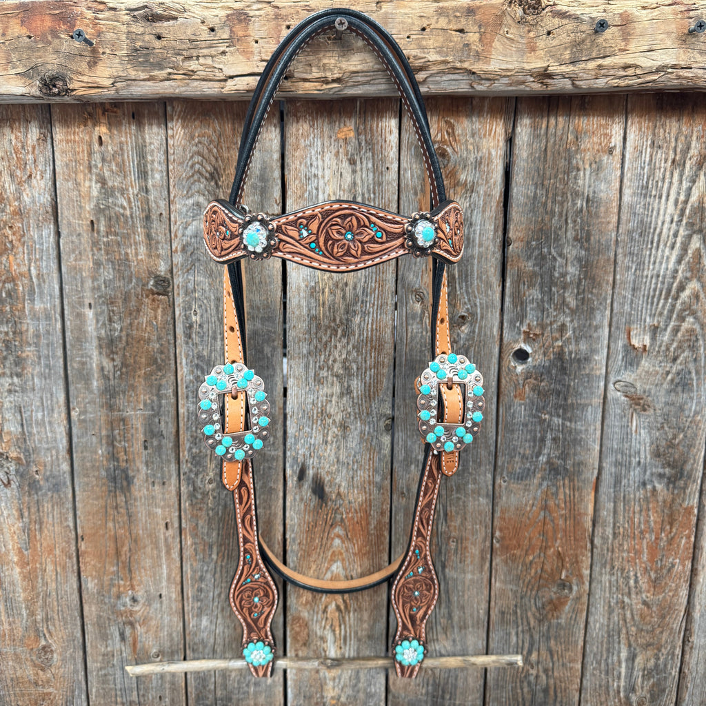 Floral Teal Dot Turquoise - Clear Browband/One Ear Headstall - Breastcollar Tack Set #BBBC669 — view 3