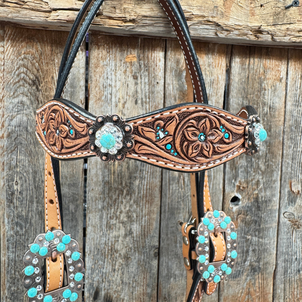 Floral Teal Dot Turquoise - Clear Browband/One Ear Headstall - Breastcollar Tack Set #BBBC669 — view 4