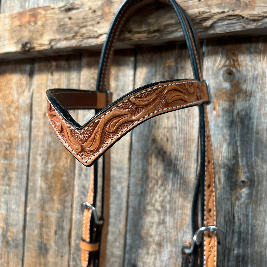 Floral V Browband Light Oil Headstall / Bridle — view 2