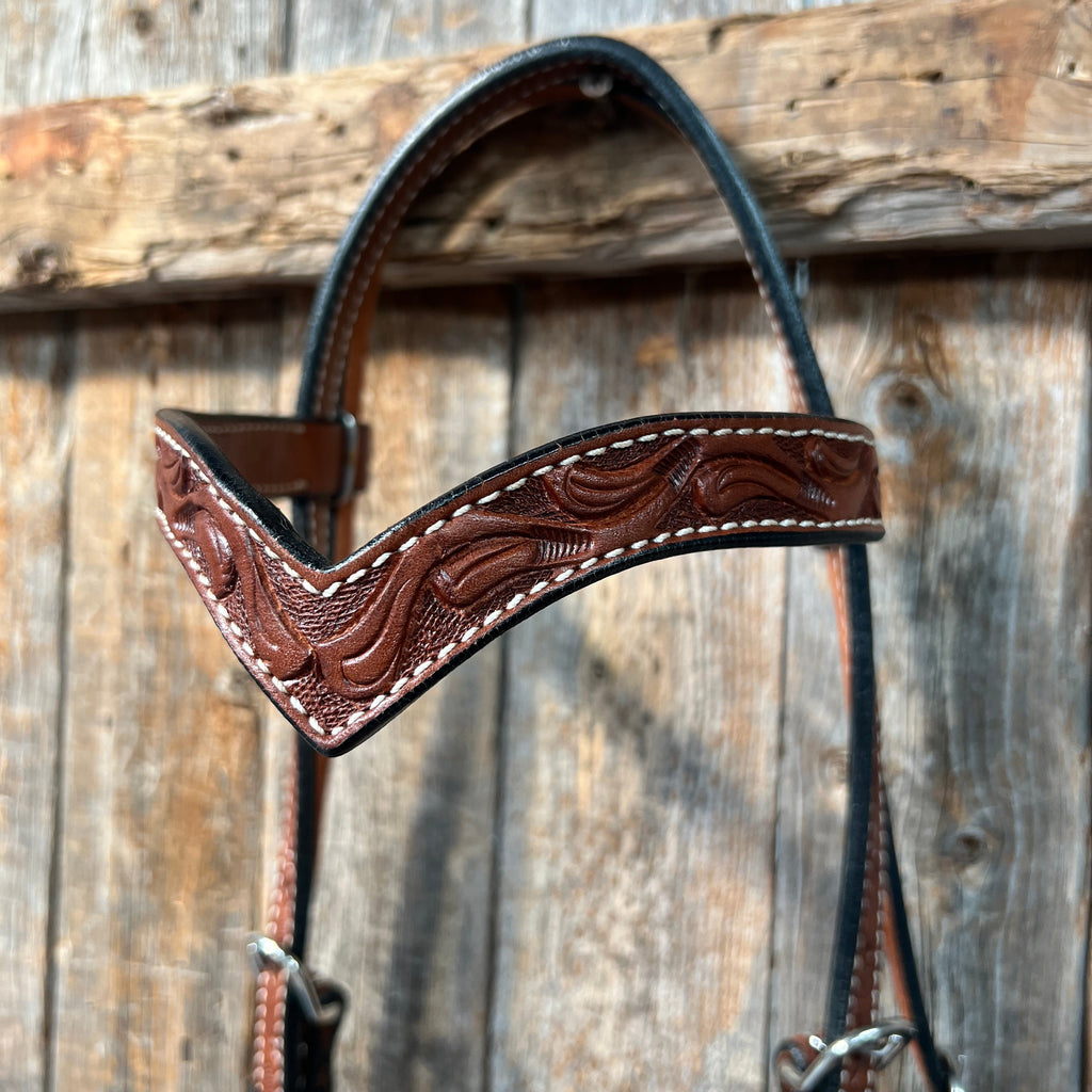 Floral V Browband Medium Oil Headstall / Bridle — view 2
