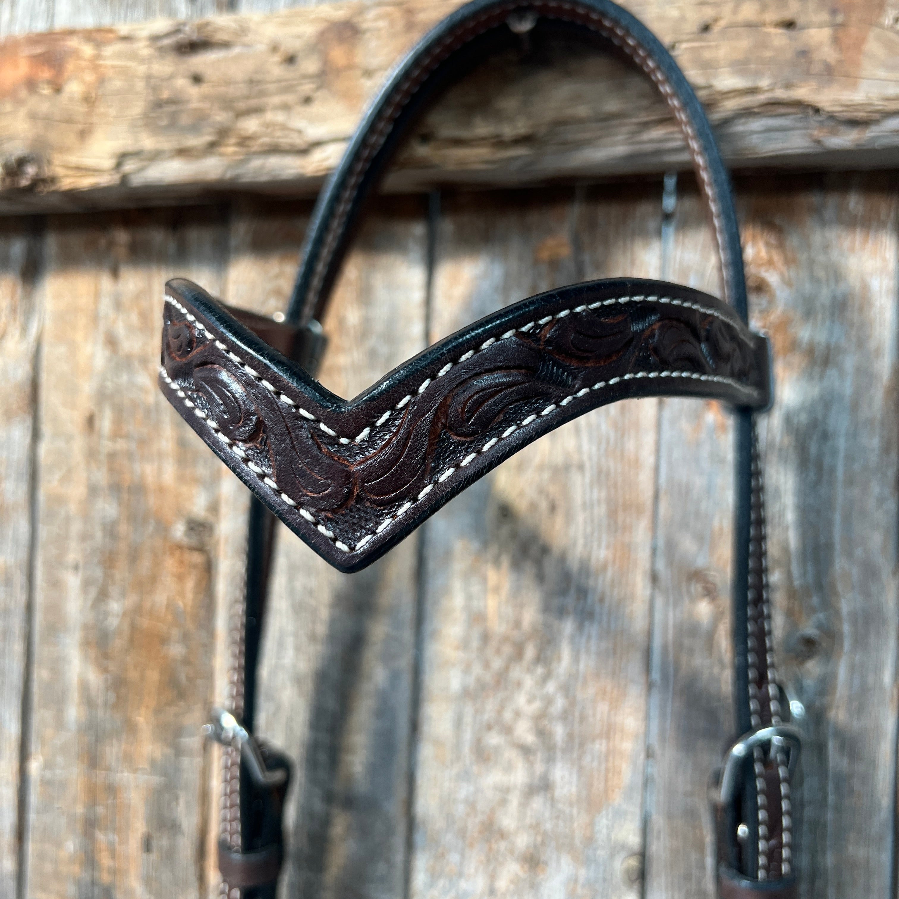 Floral V Browband Dark Oil Headstall / Bridle — view 2