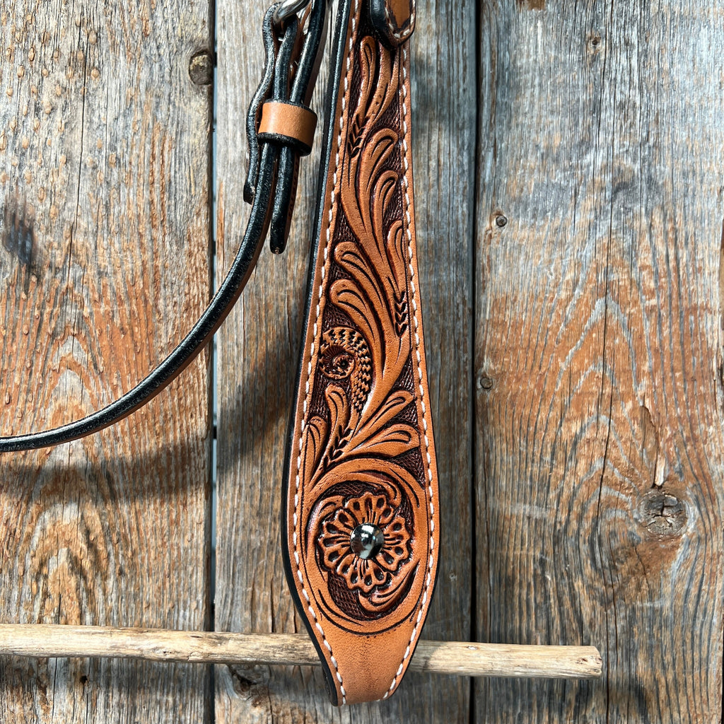 Light Oil Floral Tooled Buckaroo Style Browband Headstall / Bridle — view 3