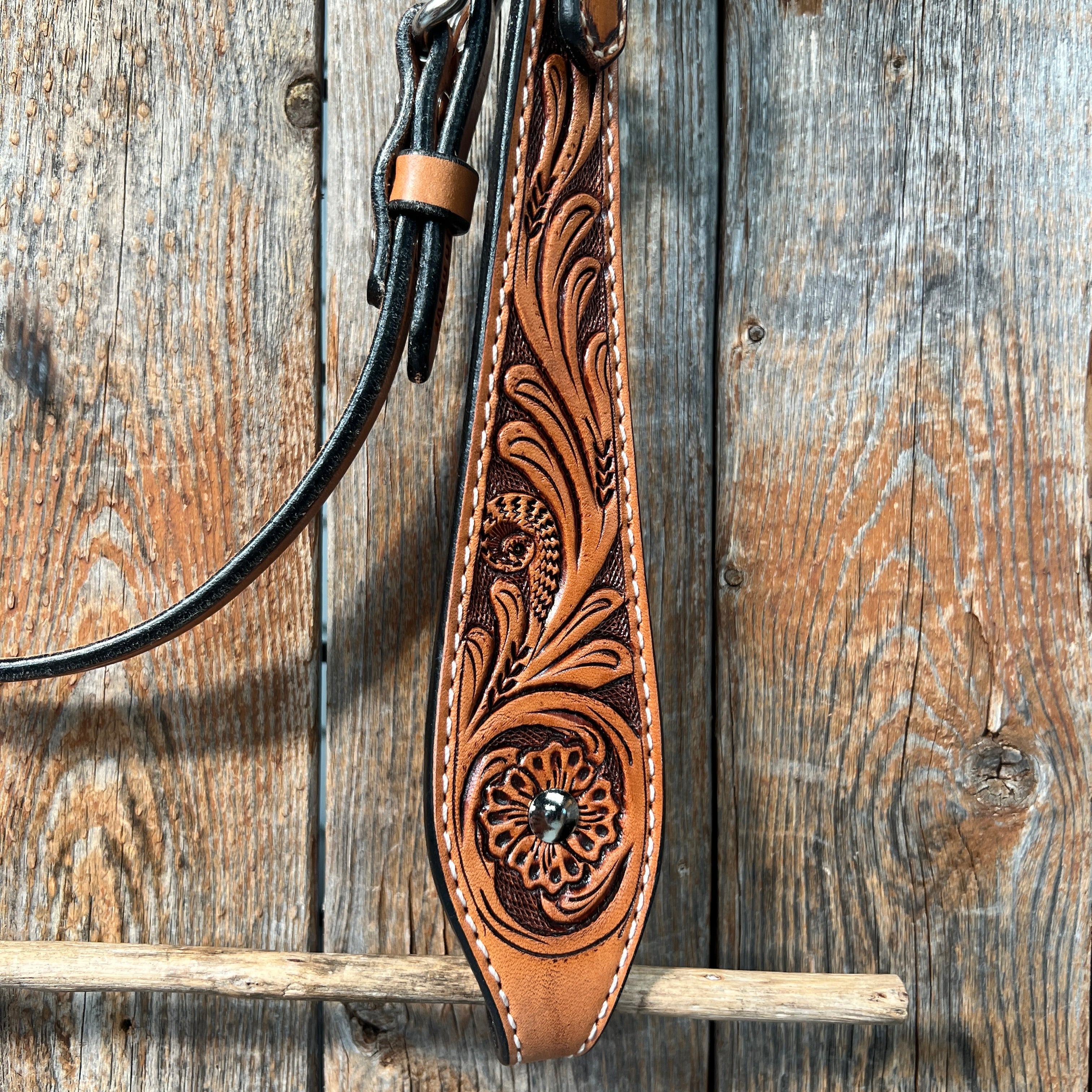 Light Oil Floral Tooled Buckaroo Style Browband Headstall / Bridle — view 3