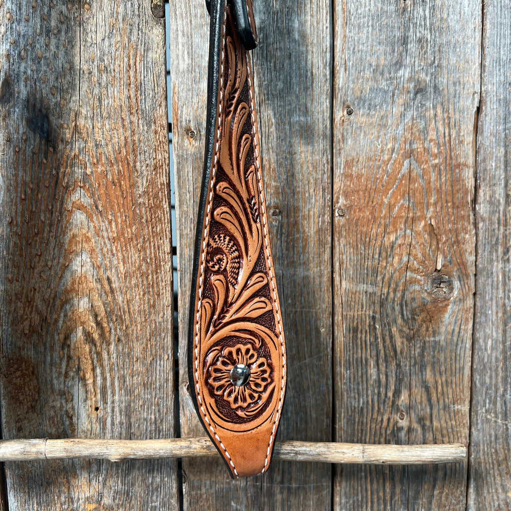 Light Oil Floral Tooled Buckaroo Style One Ear Headstall / Bridle — view 3