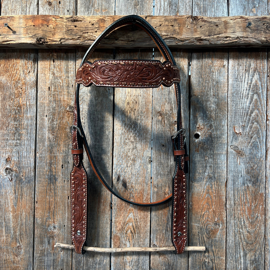 Medium Oil Floral Tooled Copper Buckstitching & Dots Browband Headstall / Bridle