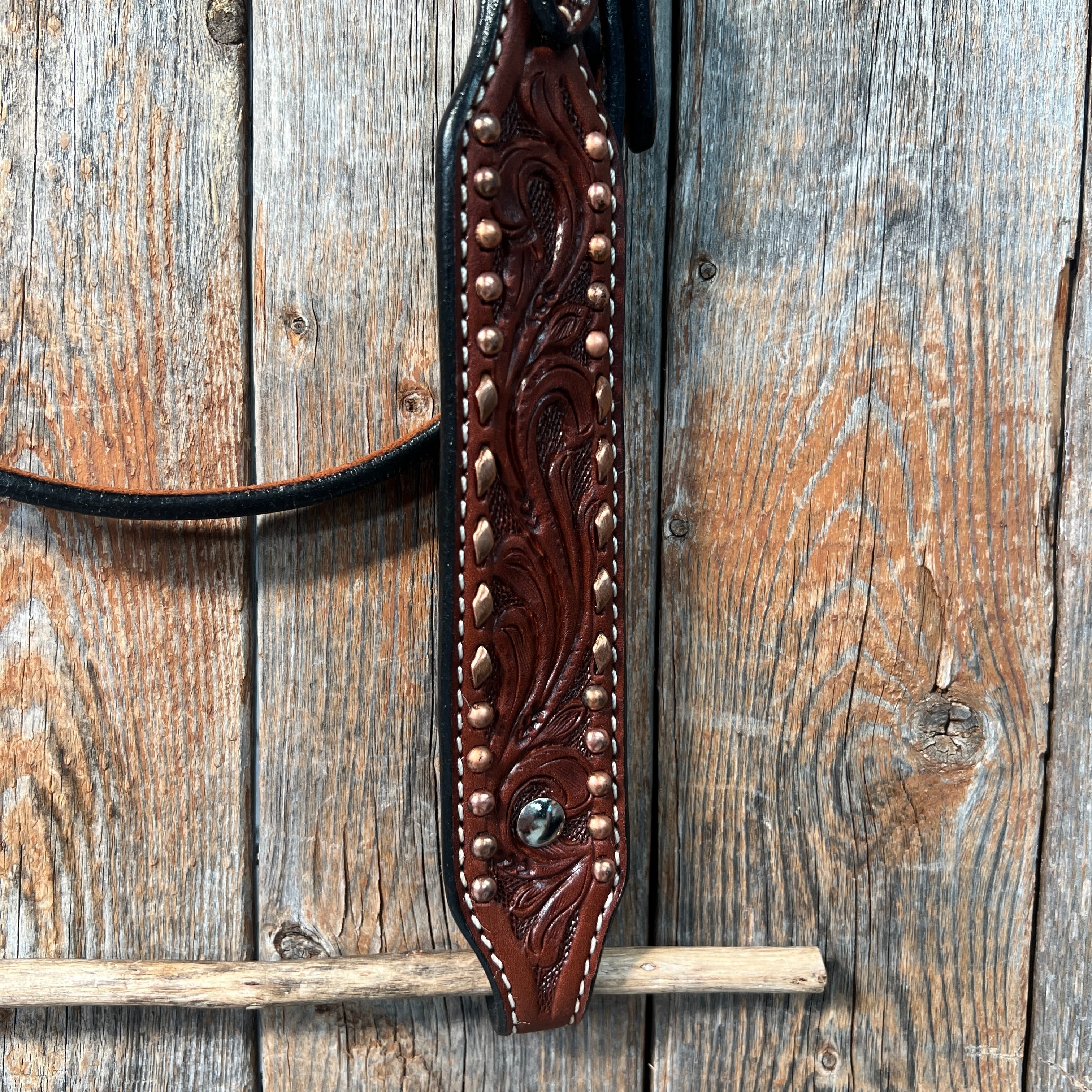 Medium Oil Floral Tooled Copper Buckstitching & Dots Browband Headstall / Bridle — view 3