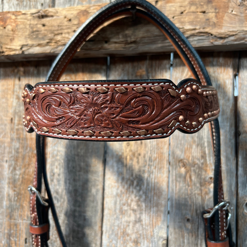 Medium Oil Floral Tooled Copper Buckstitching & Dots Browband Headstall / Bridle — view 2