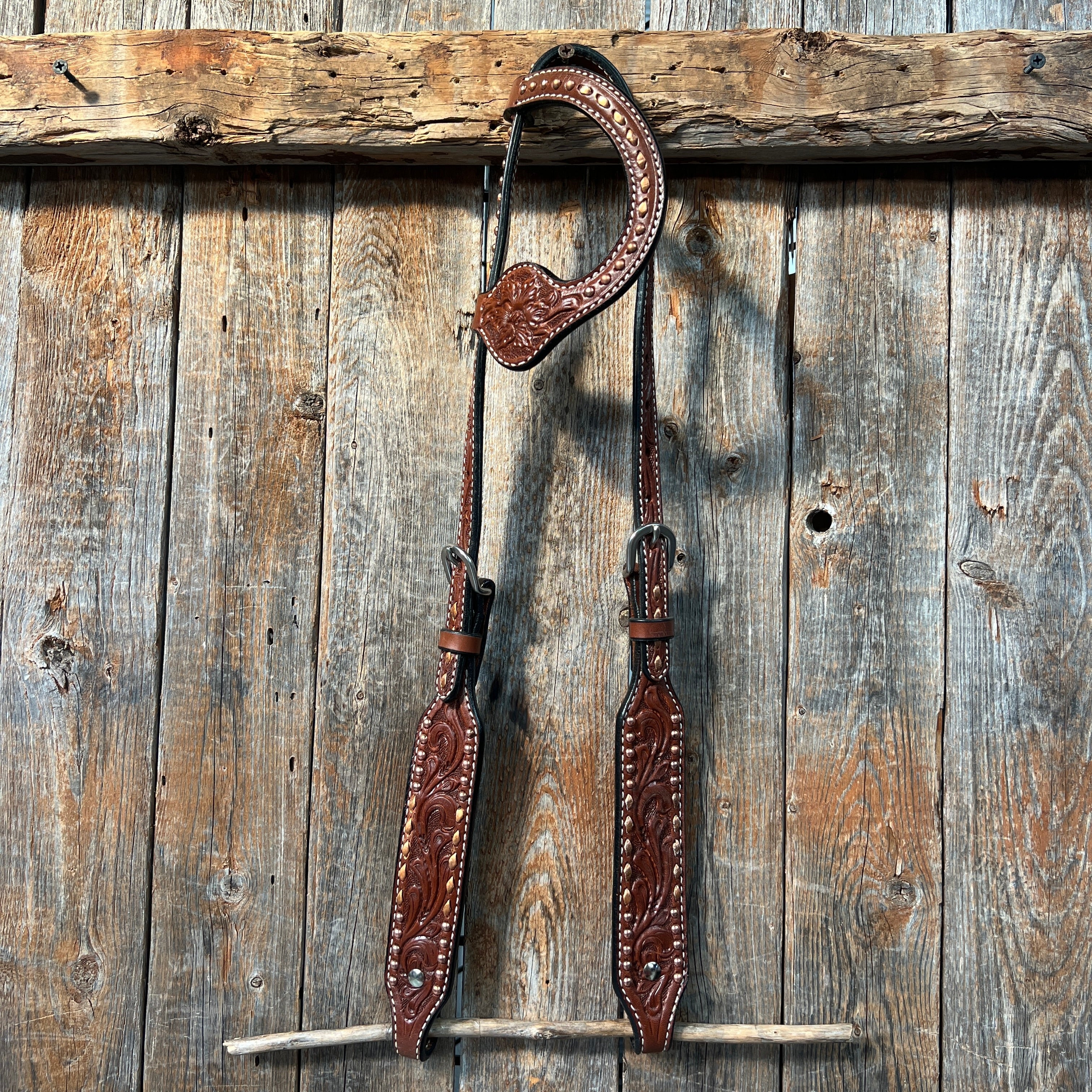 Medium Oil Floral Tooled Copper Buckstitching & Dots One Ear Headstall / Bridle
