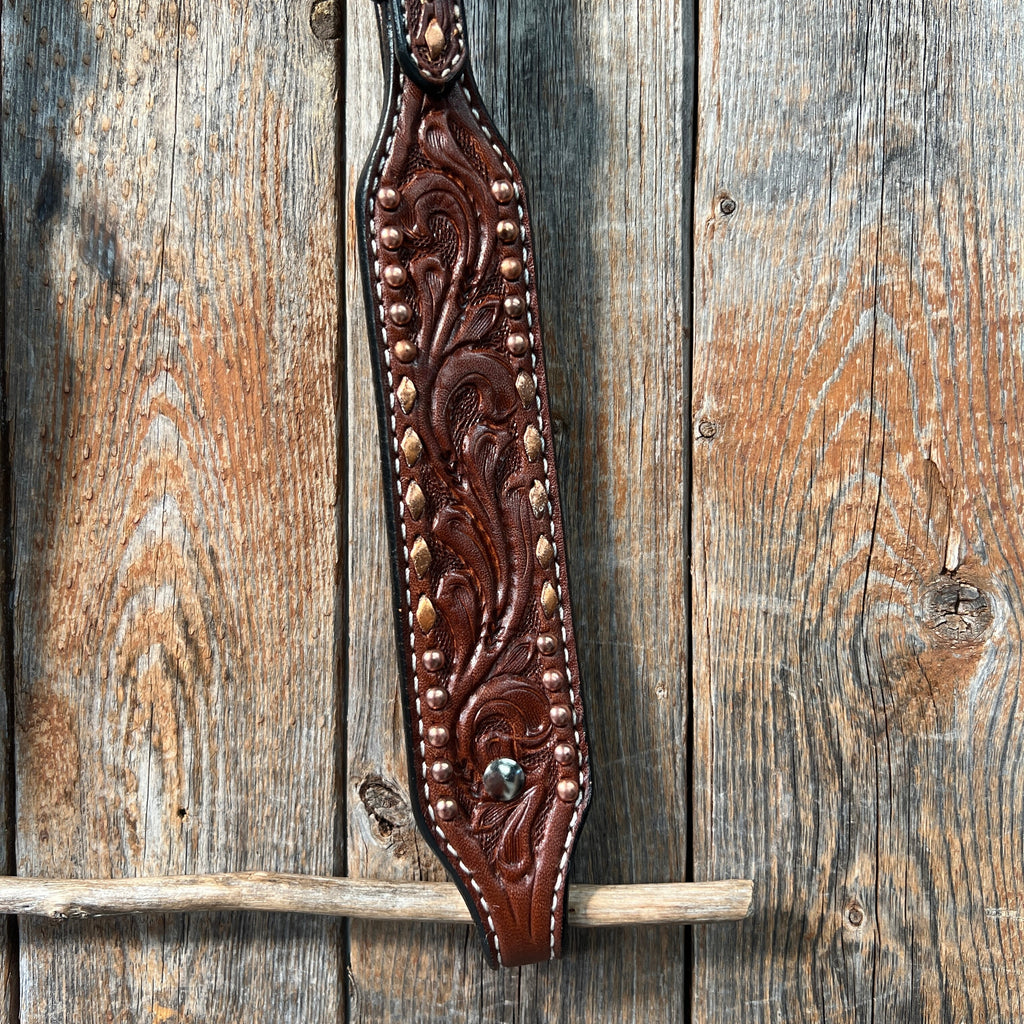 Medium Oil Floral Tooled Copper Buckstitching & Dots One Ear Headstall / Bridle — view 3