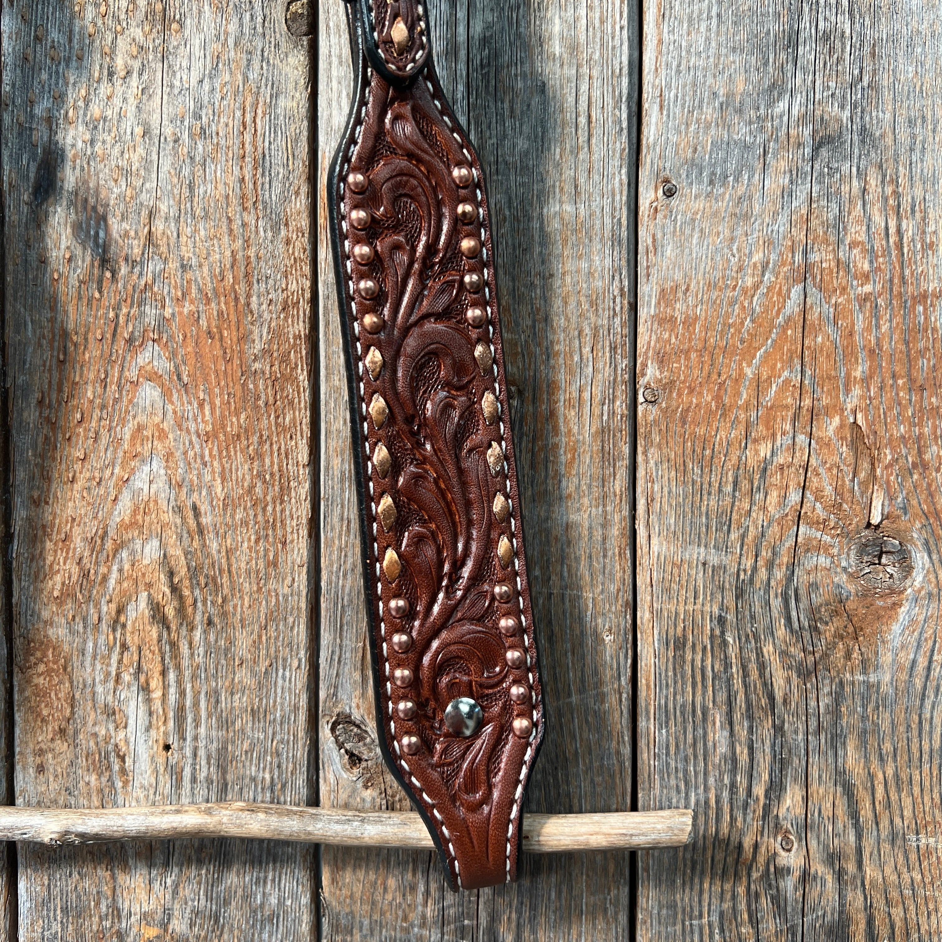 Medium Oil Floral Tooled Copper Buckstitching & Dots One Ear Headstall / Bridle — view 3