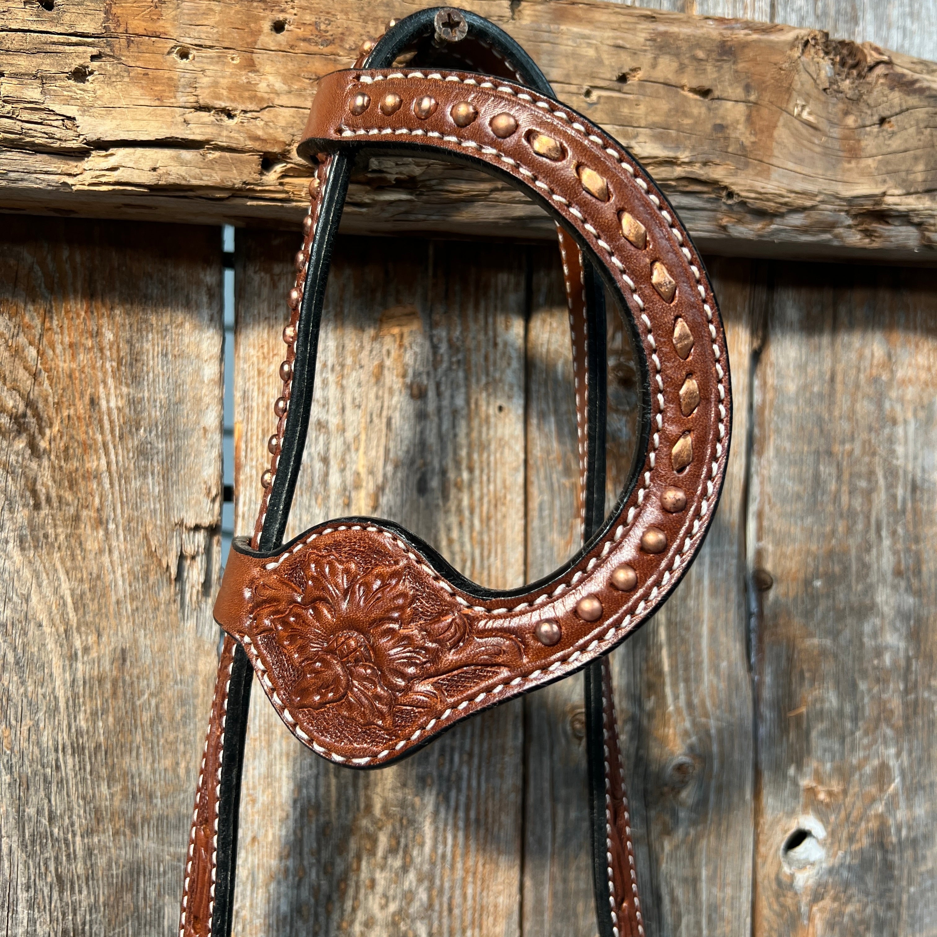Medium Oil Floral Tooled Copper Buckstitching & Dots One Ear Headstall / Bridle — view 2
