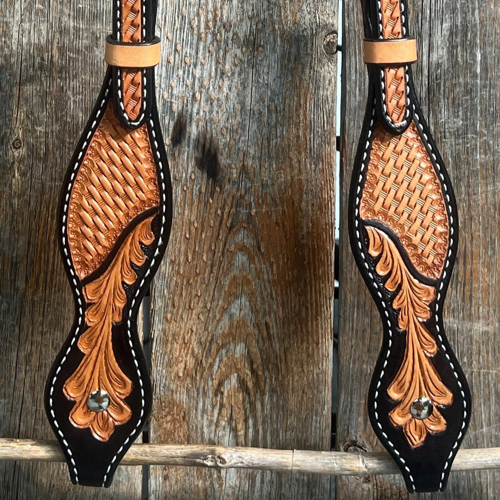 Basketweave - Leaf Scalloped Two Tone One Ear Headstall/Bridle #231871 — view 3