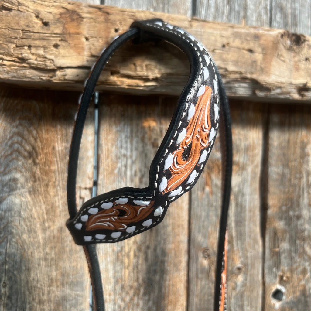 Floral Tooled Buckstitch One Ear Headstall / Bridle — view 2