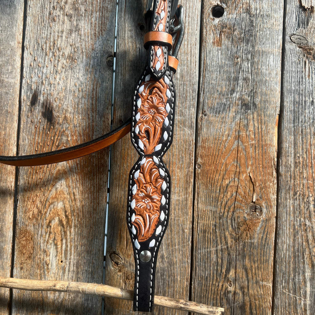 Floral Tooled Buckstitch Browband Headstall / Bridle — view 3