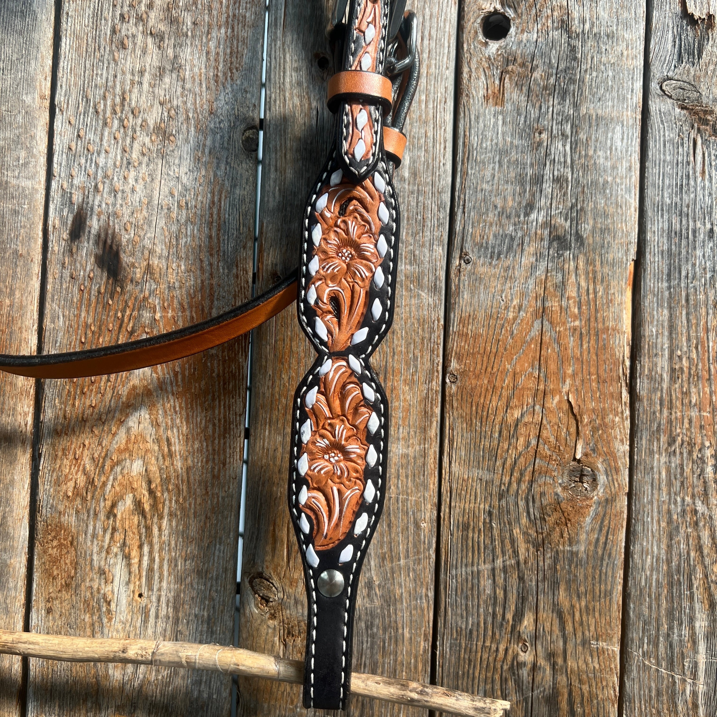 Floral Tooled Buckstitch Browband Headstall / Bridle — view 3