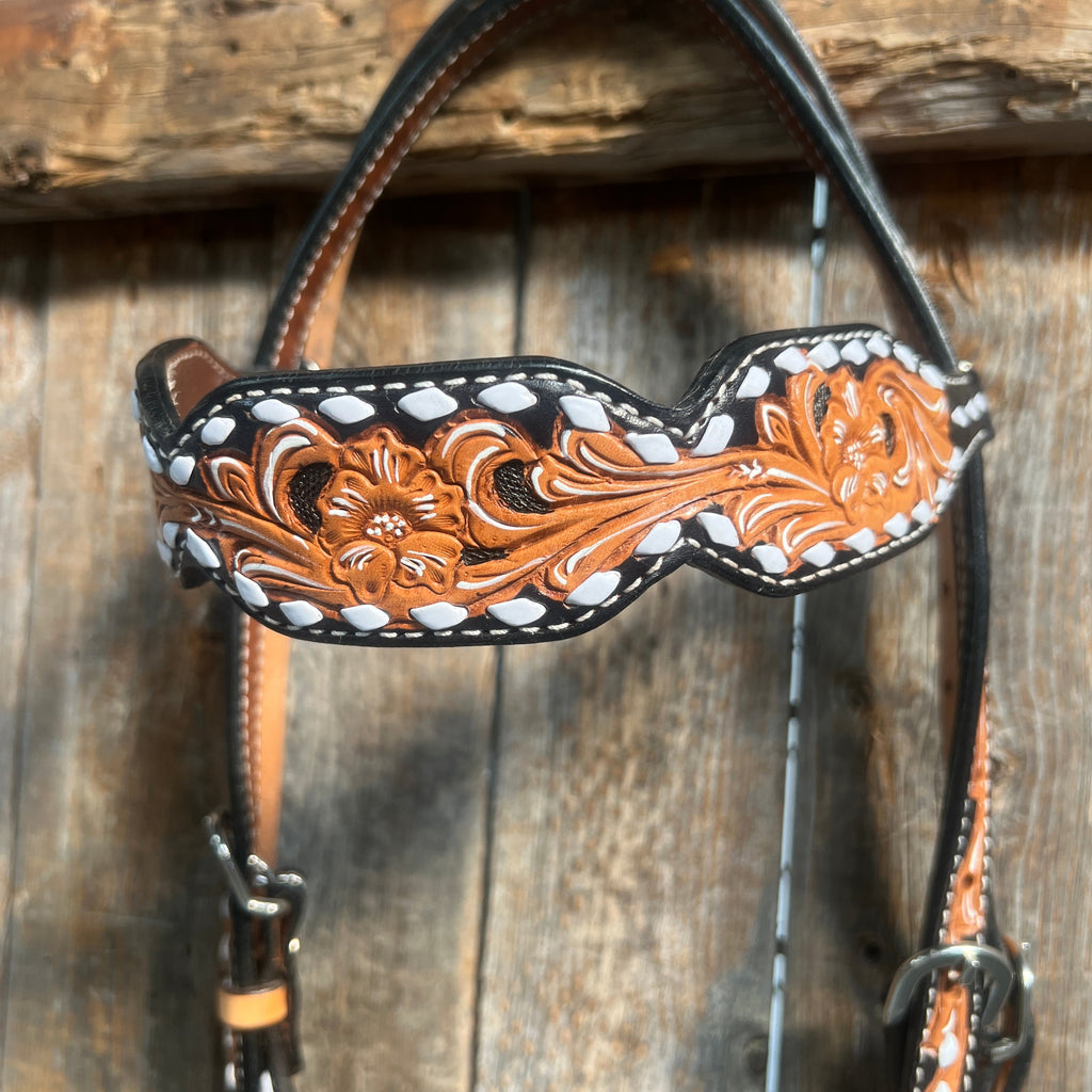 Floral Tooled Buckstitch Browband Headstall / Bridle — view 2