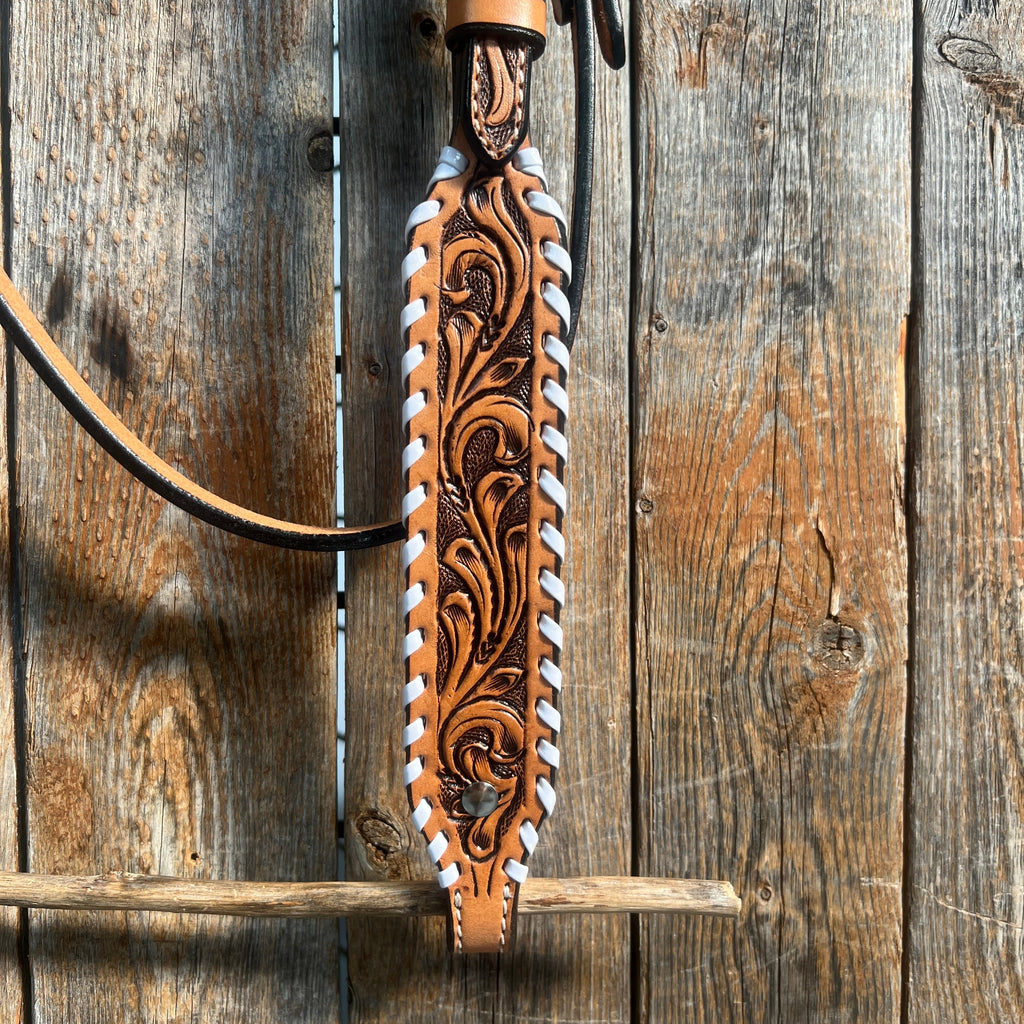 Light Oil Floral Tooled with White Whipstitch Browband Headstall / Bridle — view 2