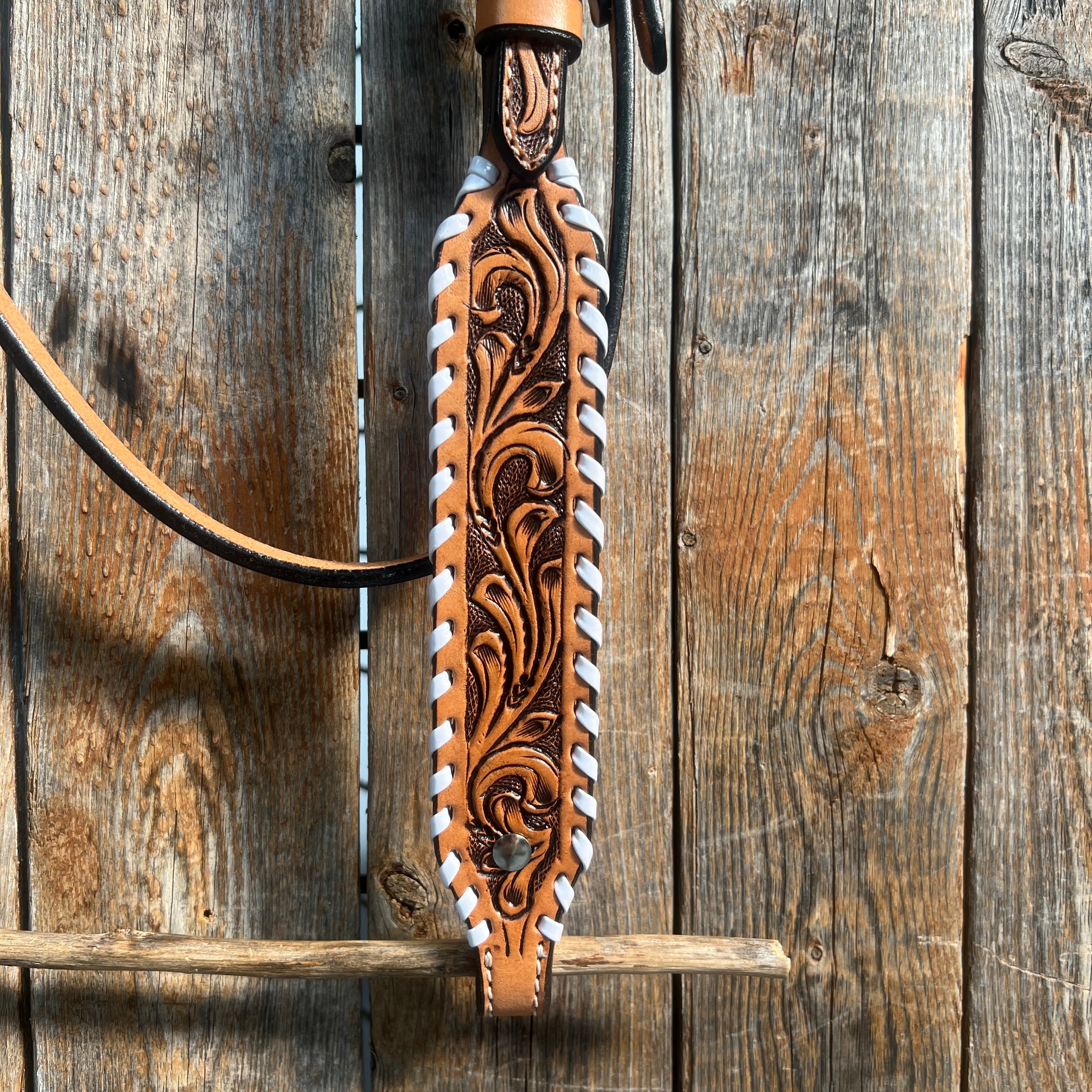 Light Oil Floral Tooled with White Whipstitch Browband Headstall / Bridle — view 2