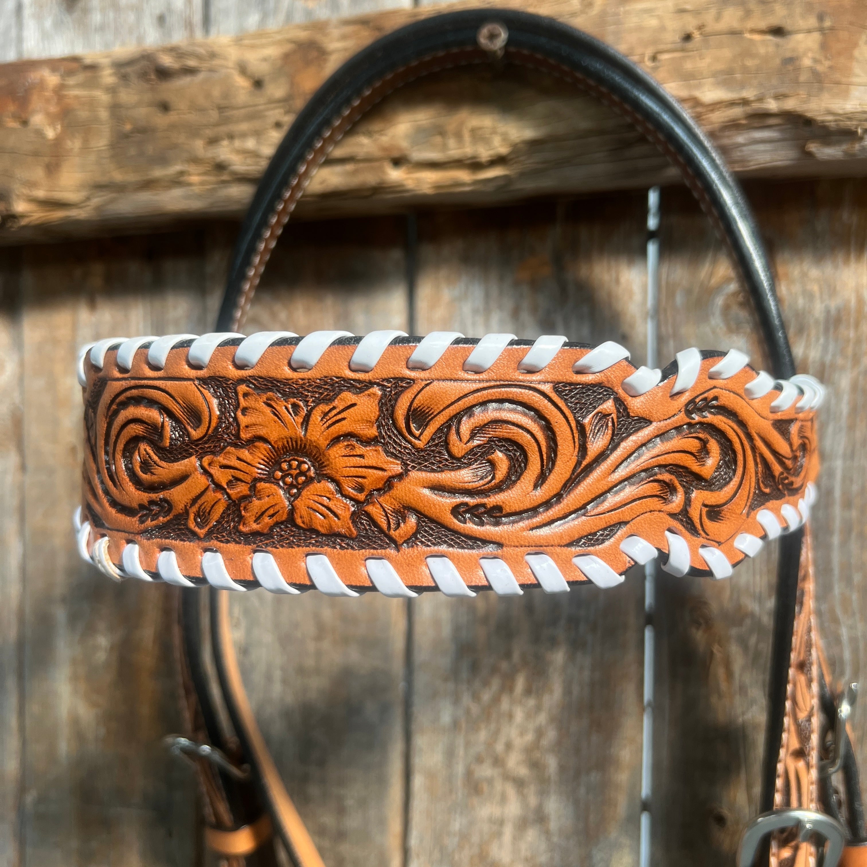 Light Oil Floral Tooled with White Whipstitch Browband Headstall / Bridle — view 3