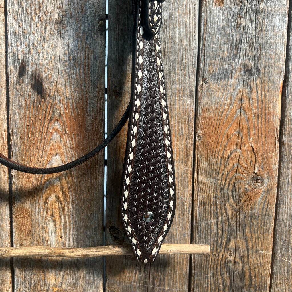 Dark Oil Basketweave Buckstitch Tooled Browband Headstall / Bridle — view 3