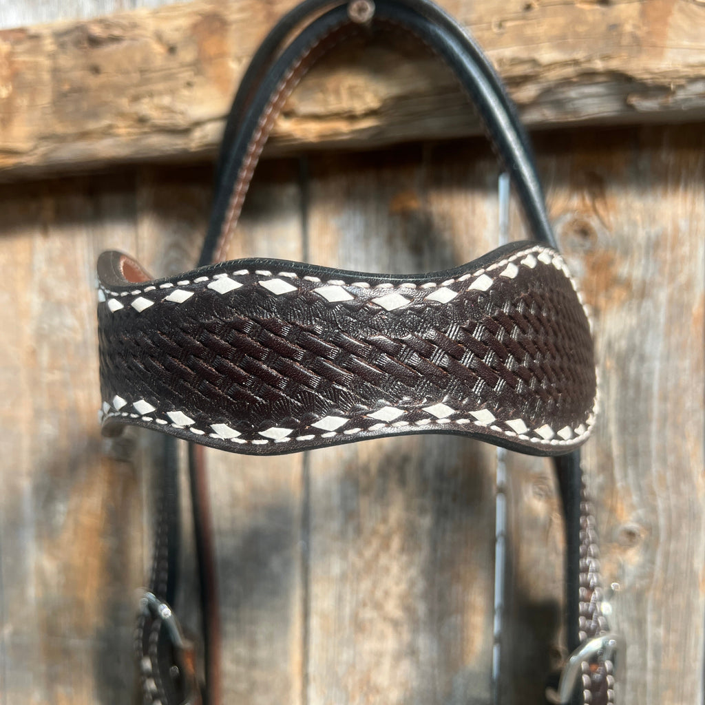 Dark Oil Basketweave Buckstitch Tooled Browband Headstall / Bridle — view 2