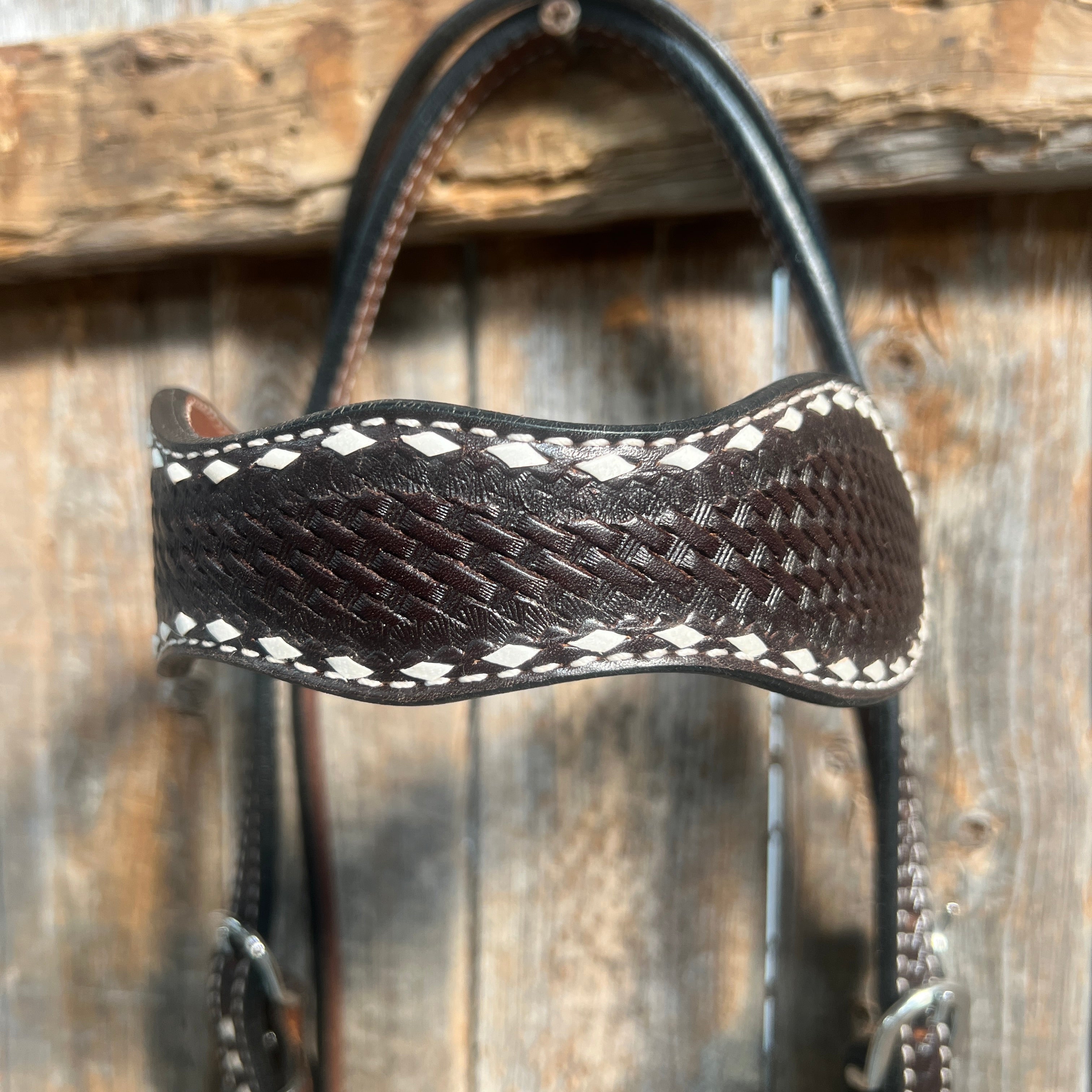 Dark Oil Basketweave Buckstitch Tooled Browband Headstall / Bridle — view 2