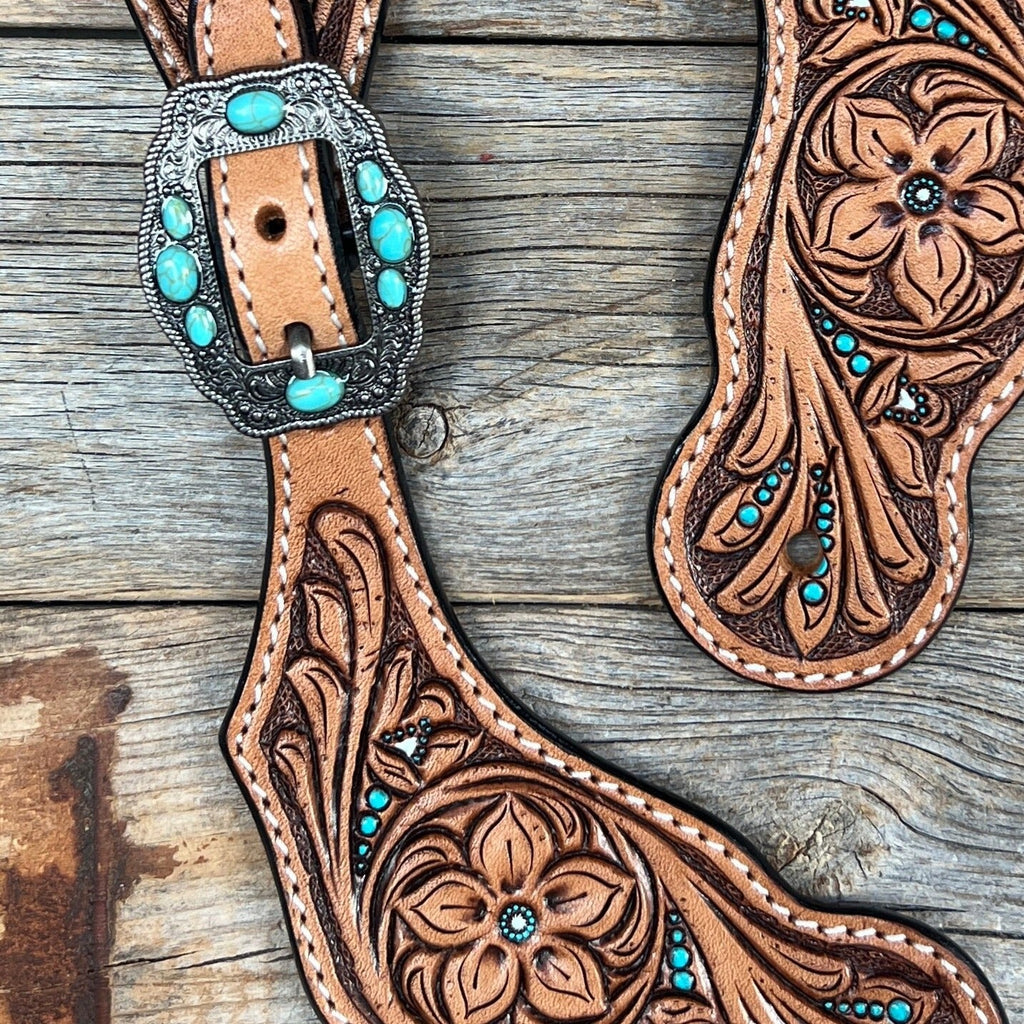 Floral Teal Dot Antique Silver Turquoise Spur Straps #SS125 — view 2