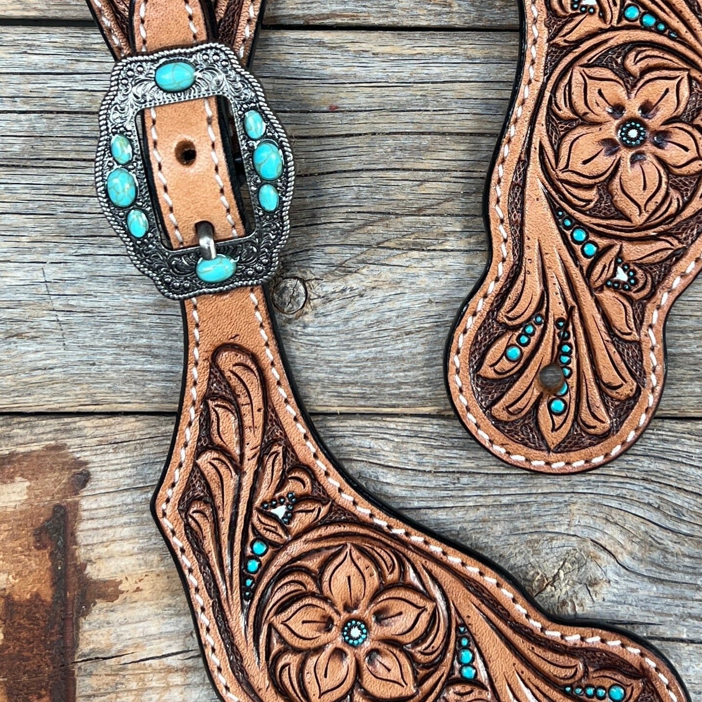 Floral Teal Dot Antique Silver Turquoise Spur Straps #SS125 — view 2