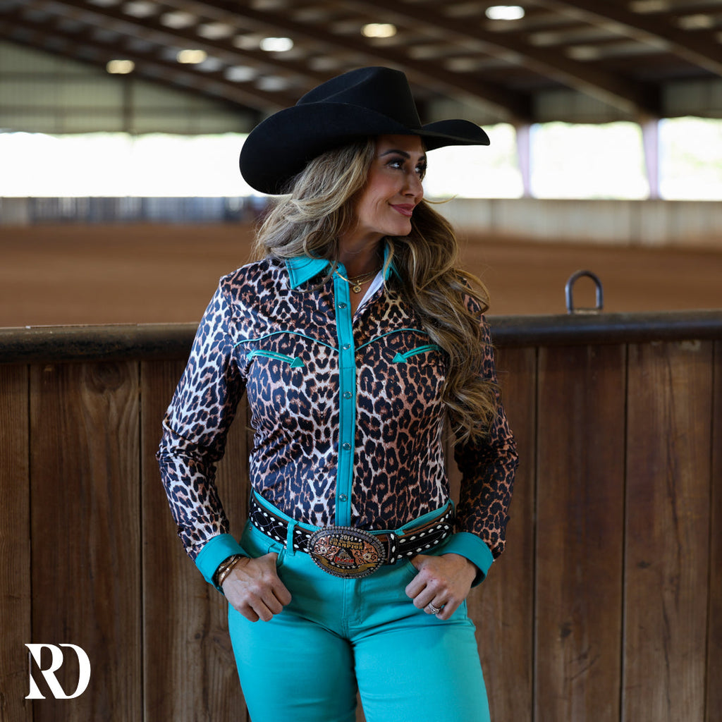 Turquoise Leopard Performance Rodeo Shirt — view 3