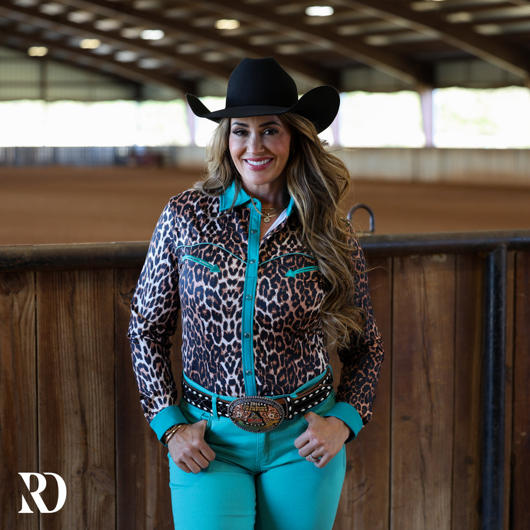 Turquoise Leopard Performance Rodeo Shirt — view 2