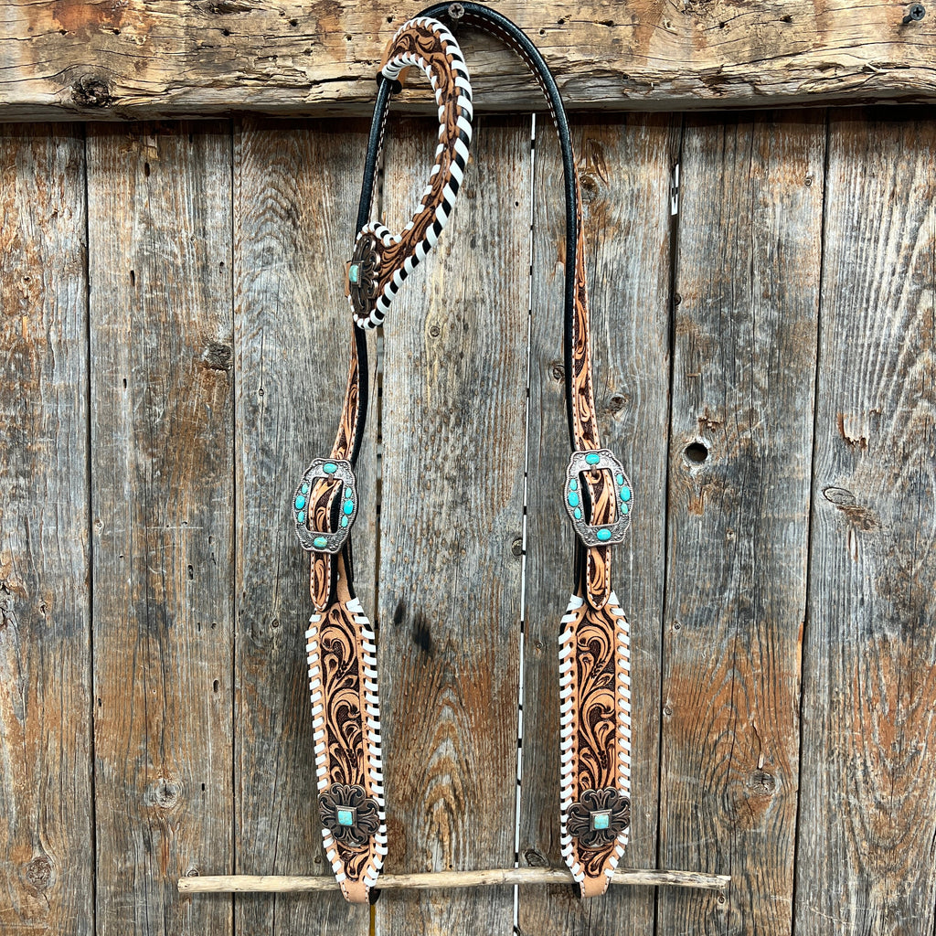 Whipstitch Copper Turquoise Browband / One Ear Tack Set #BBBC419 — view 6