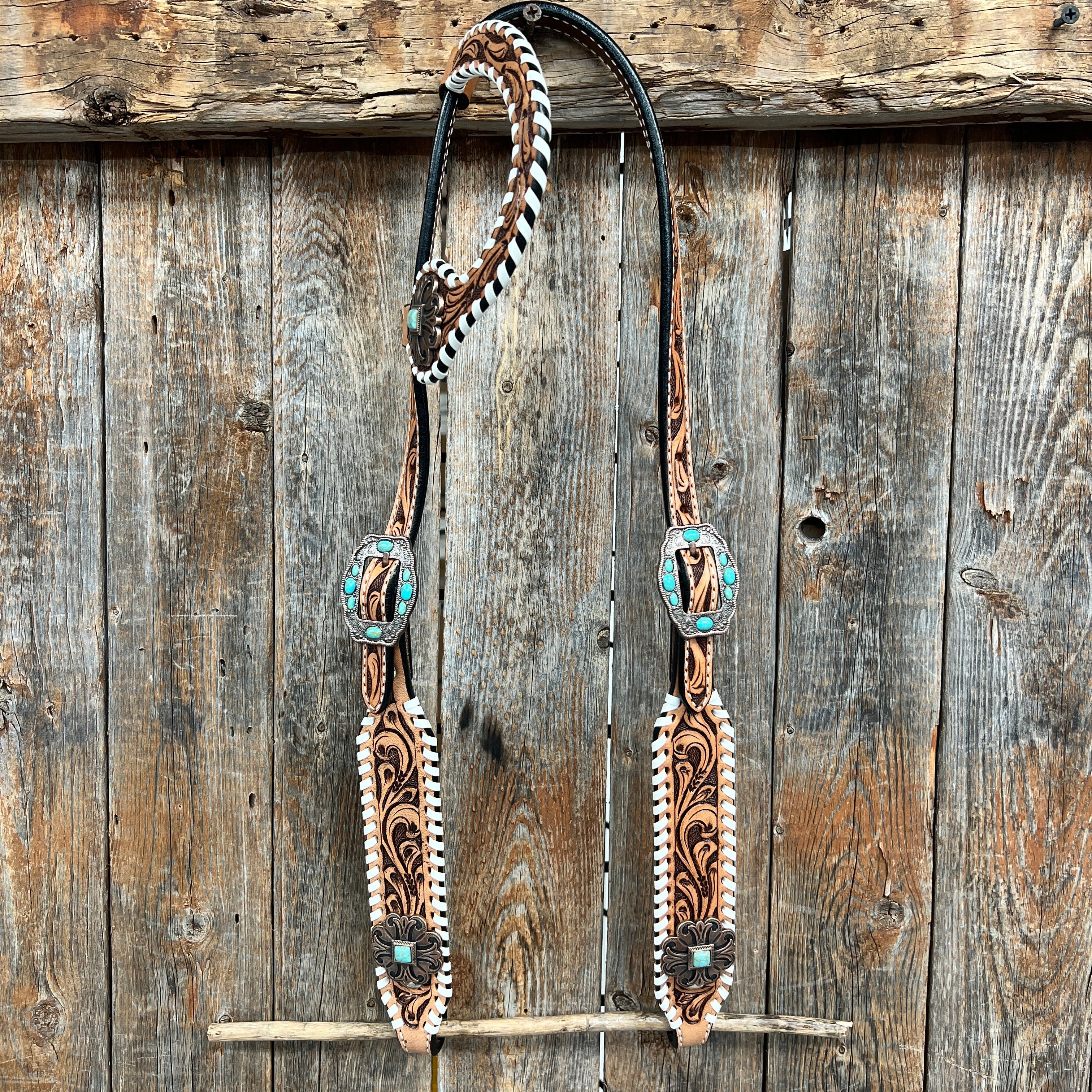 Whipstitch Copper Turquoise Browband / One Ear Tack Set #BBBC419 — view 6