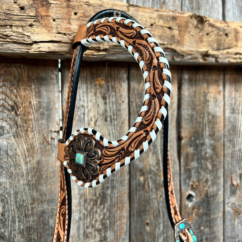 Whipstitch Copper Turquoise Browband / One Ear Tack Set #BBBC419 — view 7