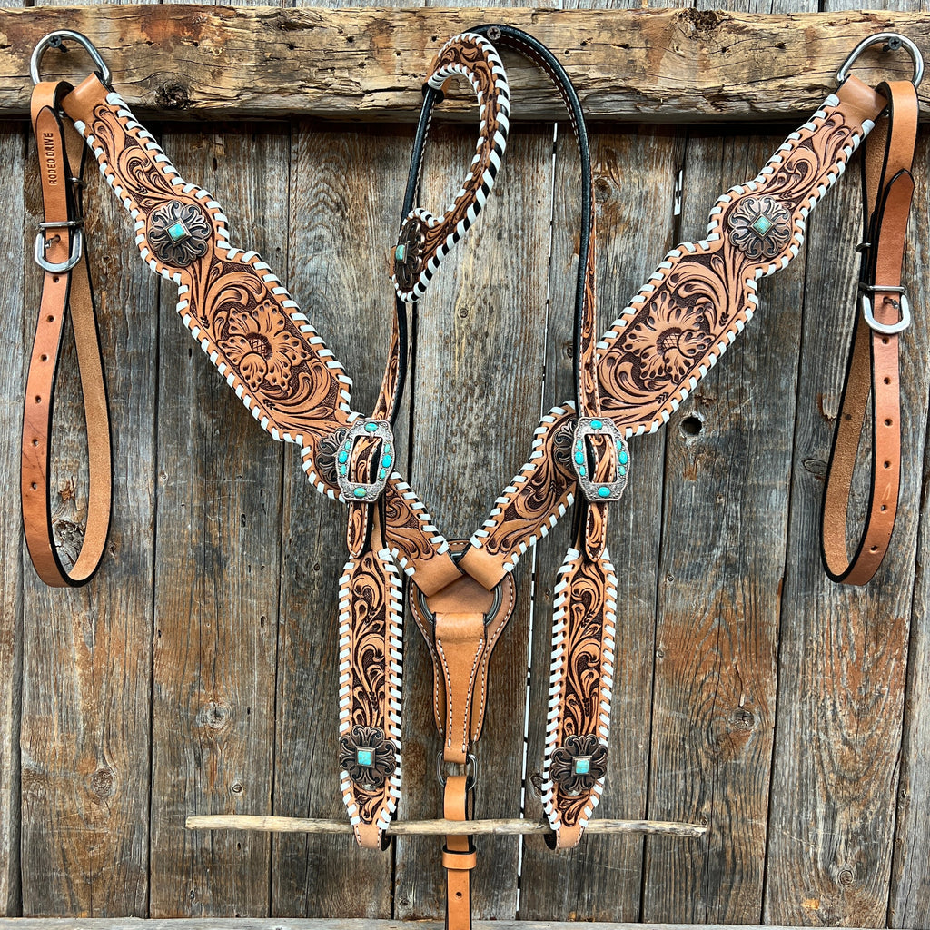 Whipstitch Copper Turquoise Browband / One Ear Tack Set #BBBC419 — view 2