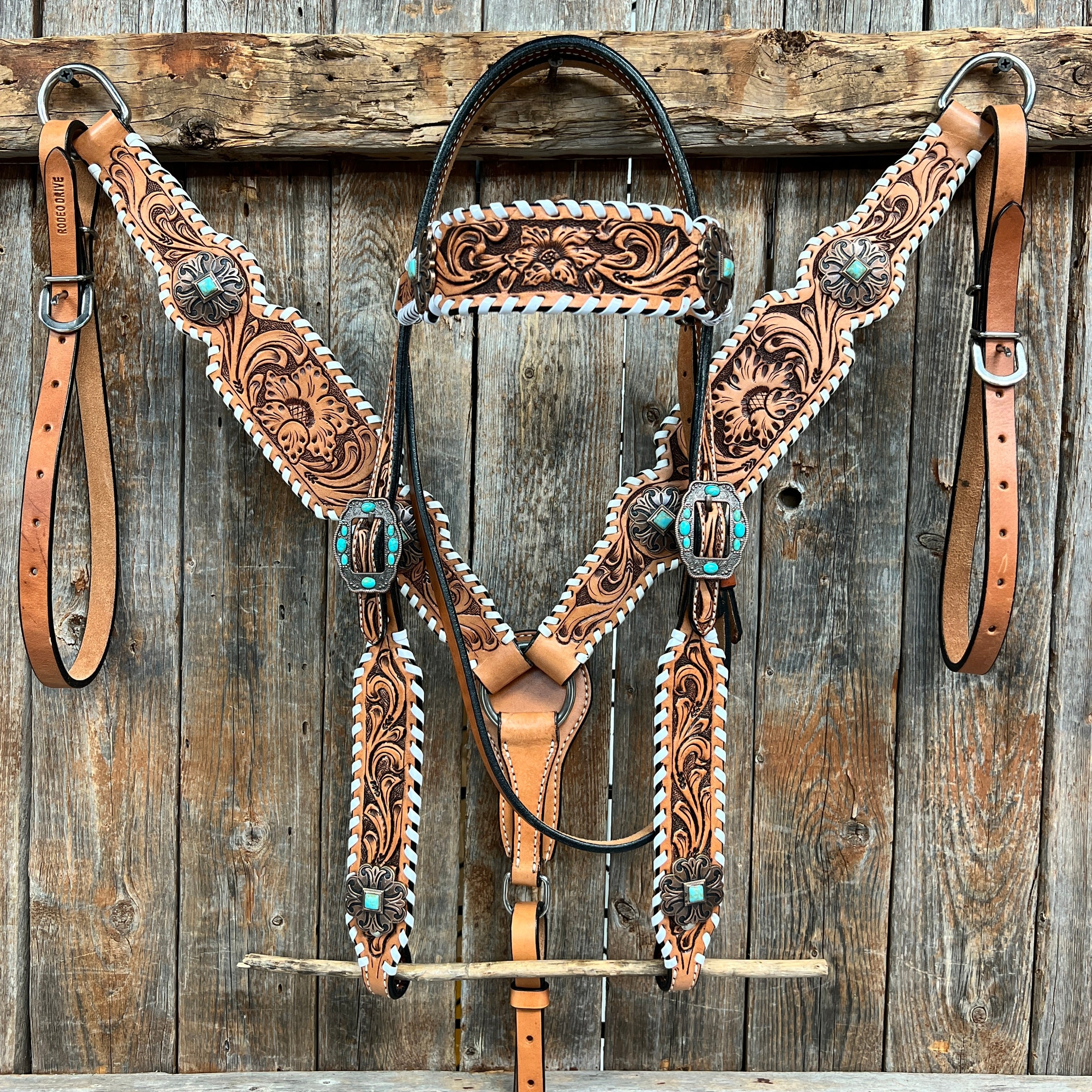 Whipstitch Copper Turquoise Browband / One Ear Tack Set #BBBC419