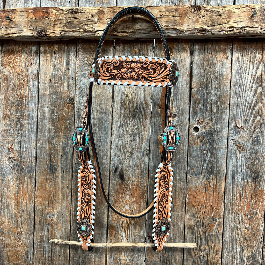 Whipstitch Copper Turquoise Browband / One Ear Tack Set #BBBC419 — view 4