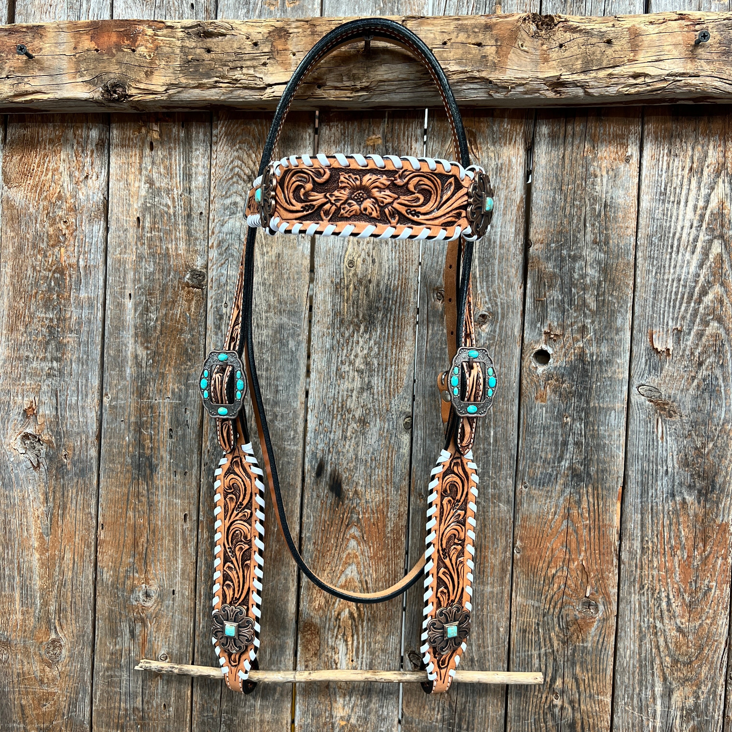 Whipstitch Copper Turquoise Browband / One Ear Tack Set #BBBC419 — view 4
