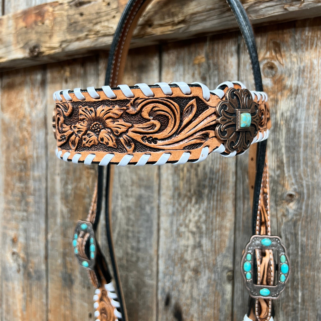 Whipstitch Copper Turquoise Browband / One Ear Tack Set #BBBC419 — view 5