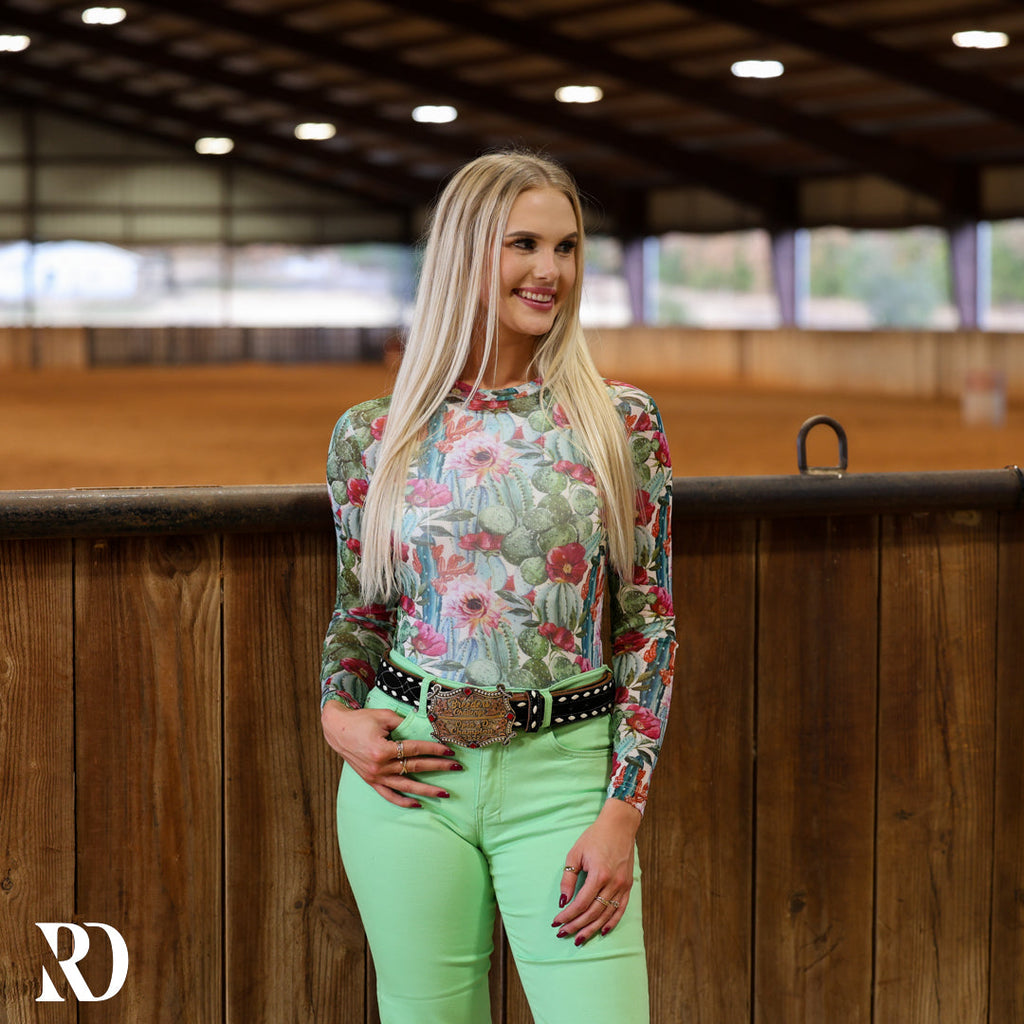 Cactus Floral Mesh Layering Top