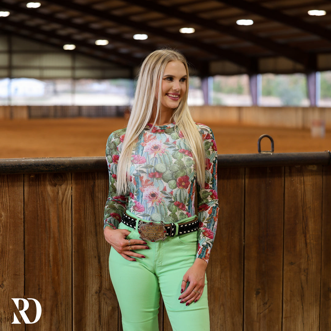 Cactus Floral Mesh Layering Top