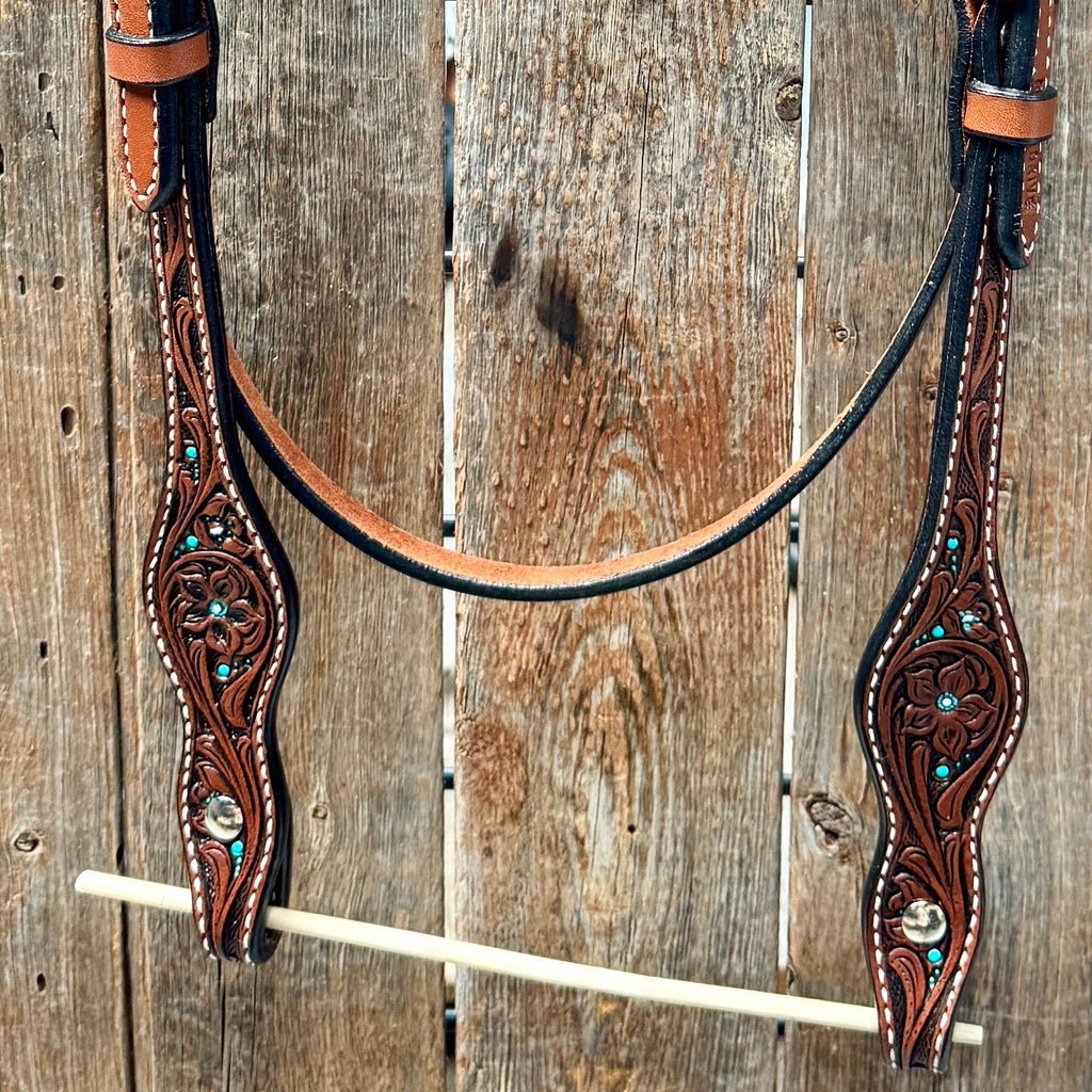 Medium Oil Floral and Teal Dot Browband Headstall / Bridle #24337M — view 3