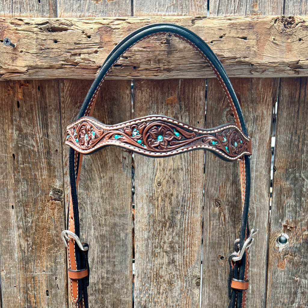Medium Oil Floral and Teal Dot Browband / One Ear Headstall and Breastcollar Tack Sets — view 4