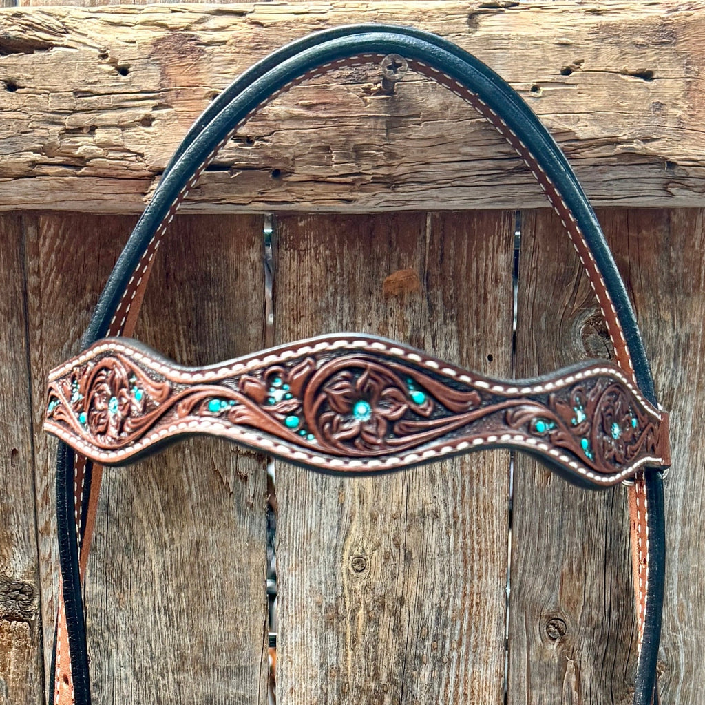 Medium Oil Floral and Teal Dot Browband Headstall / Bridle #24337M — view 2