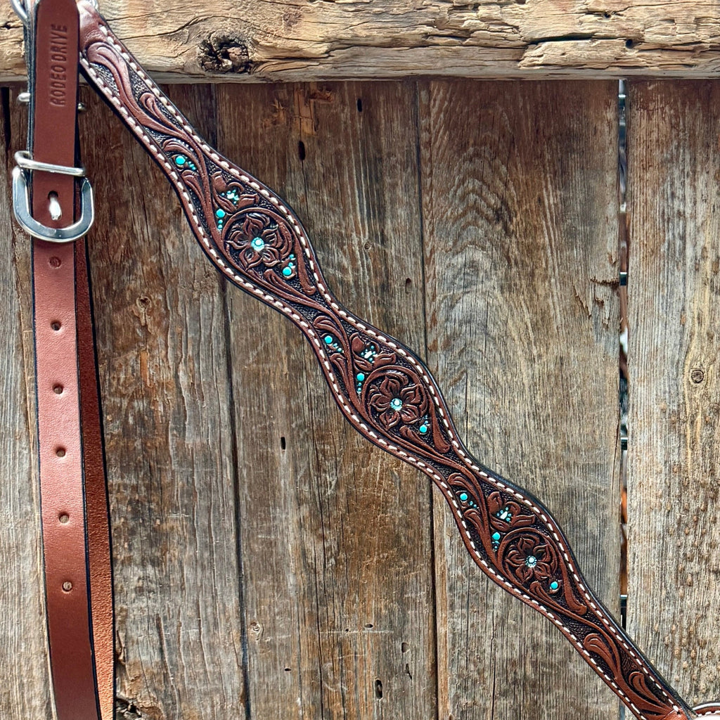 Medium Oil Floral and Teal Dot Browband / One Ear Headstall and Breastcollar Tack Sets — view 8