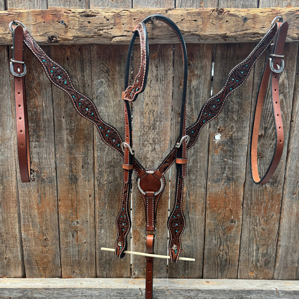 Medium Oil Floral and Teal Dot Browband / One Ear Headstall and Breastcollar Tack Sets — view 2